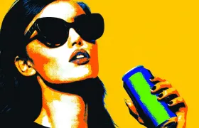 Pop art woman in sunglasses holding a green energy drink can
