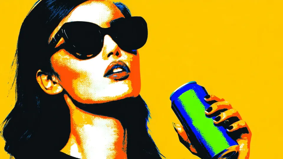 Pop art woman in sunglasses holding a green energy drink can