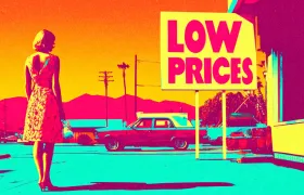 Retro pop art woman facing giant LOW PRICES roadside sign
