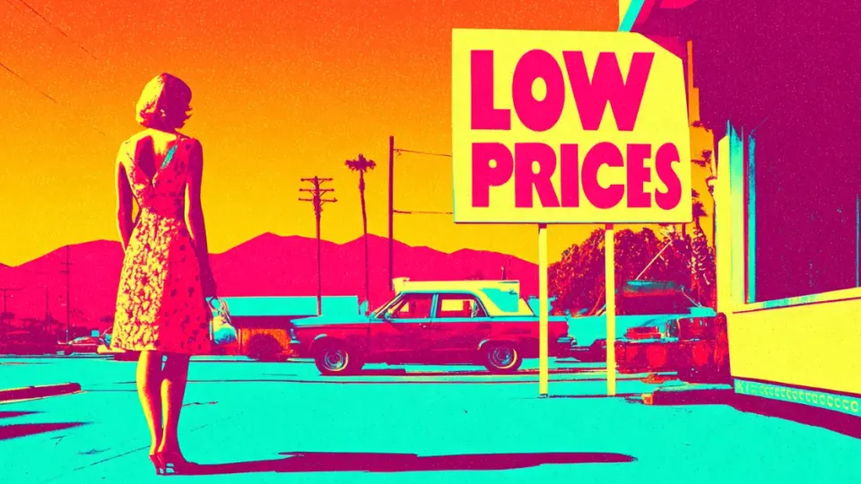 Retro pop art woman facing giant LOW PRICES roadside sign
