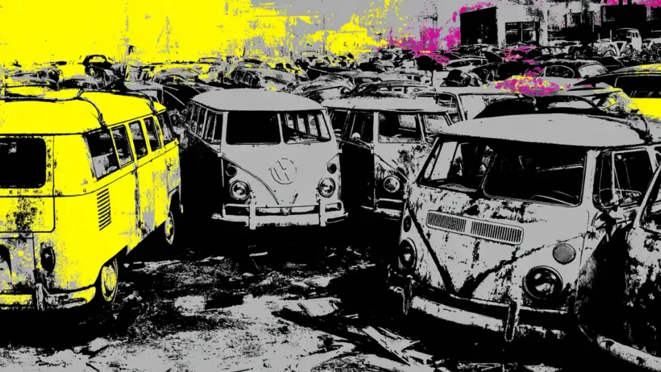 Volkswagen Type 2 buses in a junkyard, pop-art style illustration