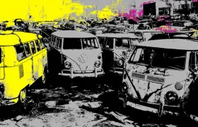 Volkswagen Type 2 buses in a junkyard, pop-art style illustration