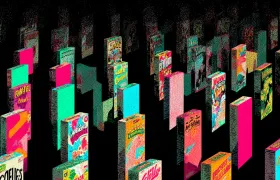 Rows of colorful cereal boxes glowing against a black background