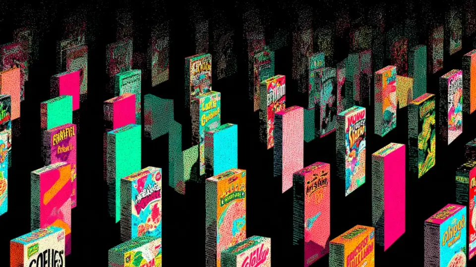 Rows of colorful cereal boxes glowing against a black background