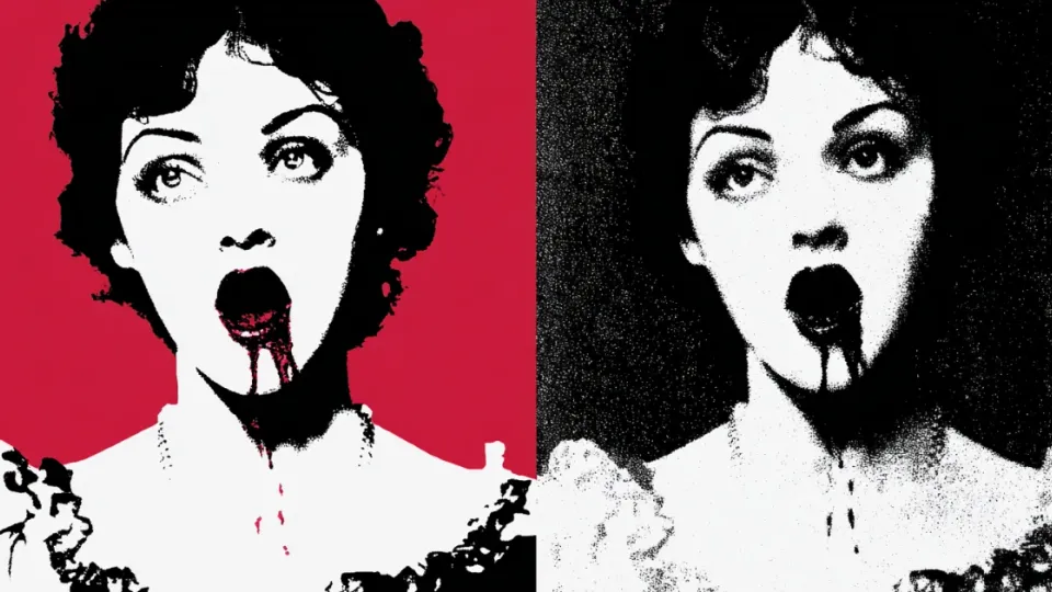 Two-panel pop art portrait of a woman with dark liquid dripping from her mouth