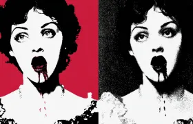Two-panel pop art portrait of a woman with dark liquid dripping from her mouth