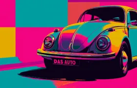 Pop art Volkswagen Beetle with DAS AUTO license plate on pink background