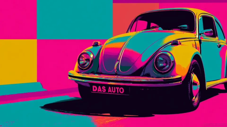 Pop art Volkswagen Beetle with DAS AUTO license plate on pink background