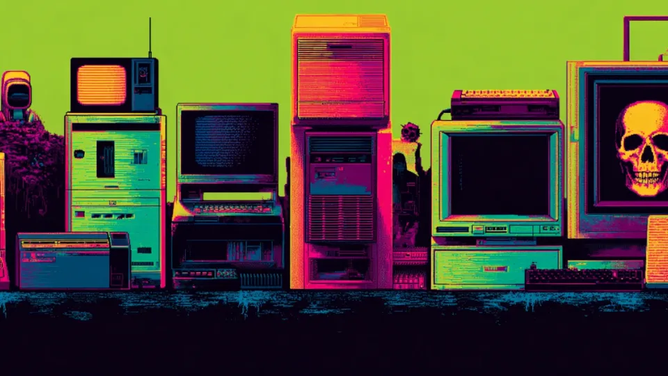 Row of vintage computers and monitors in neon pixel art