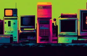 Row of vintage computers and monitors in neon pixel art