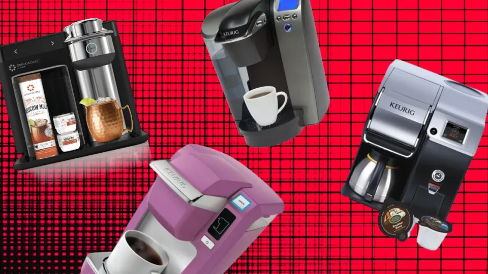Four discontinued Keurig brewers and a Drinkworks machine on red