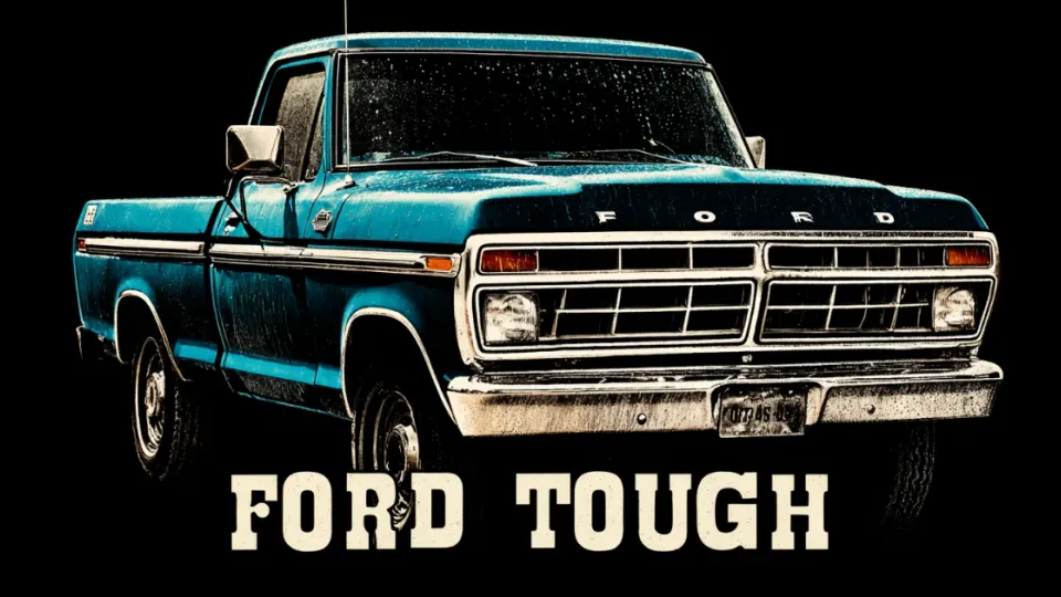 Blue 1970s Ford pickup truck under bold FORD TOUGH lettering