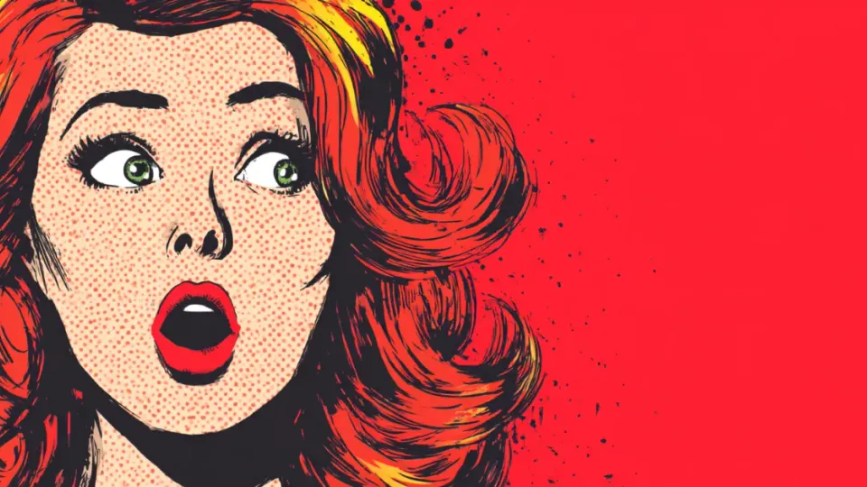 Pop art comic woman with voluminous red hair looking shocked