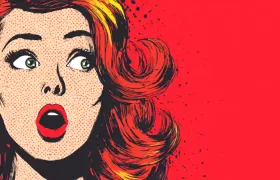 Pop art comic woman with voluminous red hair looking shocked