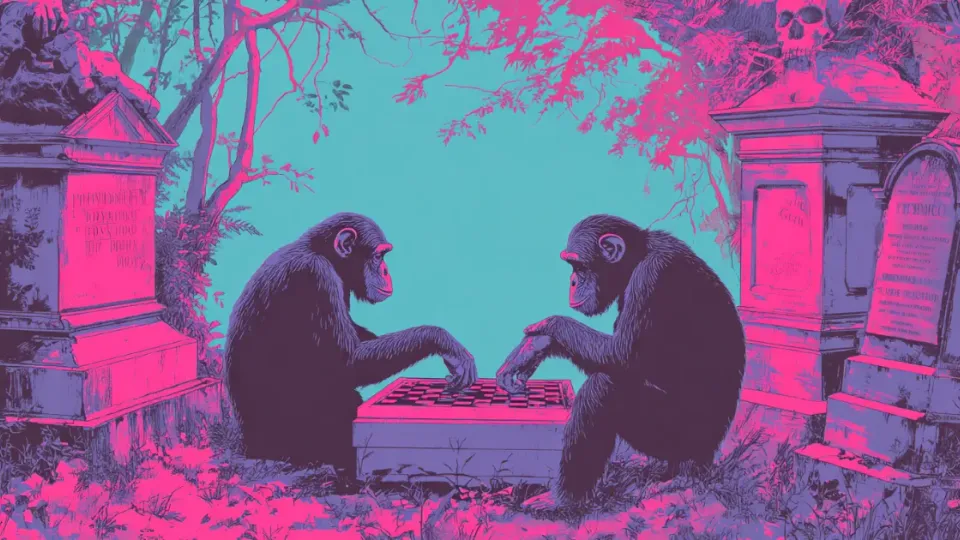 Two chimpanzees playing checkers among gravestones in pink-and-teal illustration