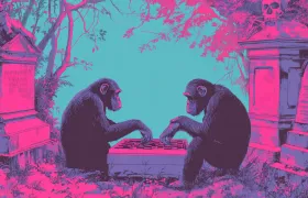 Two chimpanzees playing checkers among gravestones in pink-and-teal illustration