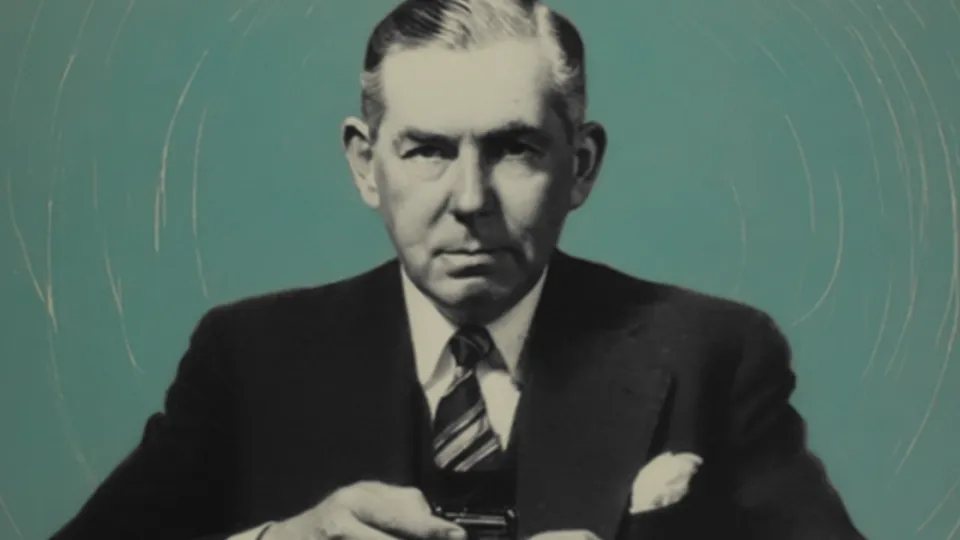 Vintage portrait of a suited mid-century executive against teal background