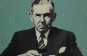 Vintage portrait of a suited mid-century executive against teal background
