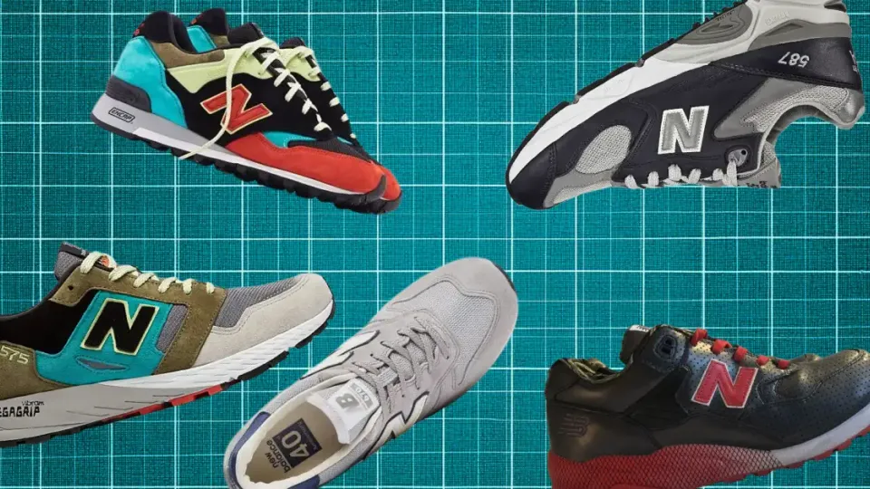 Five vintage New Balance sneakers in mixed colorways on teal grid
