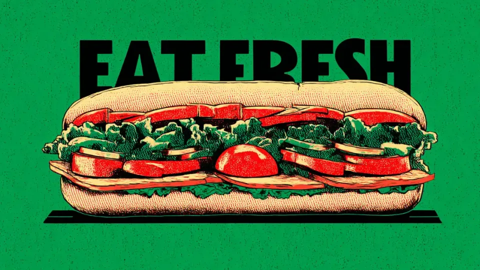 Illustrated submarine sandwich under the bold Eat Fresh slogan on green