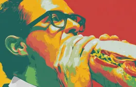 Pop-art illustration of man in glasses biting a submarine sandwich