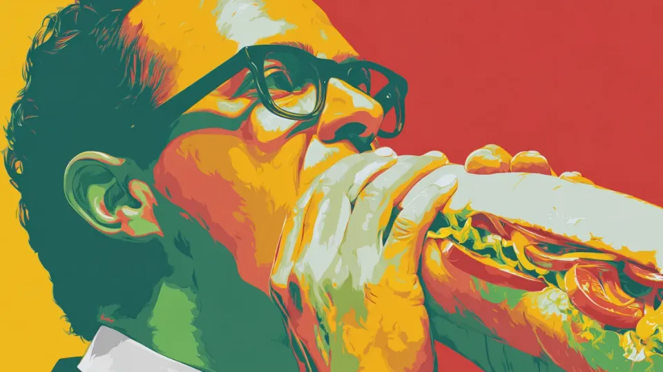 Pop-art illustration of man in glasses biting a submarine sandwich