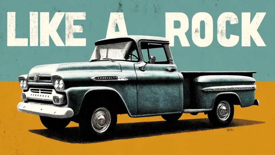 Vintage Chevrolet pickup truck under bold Like a Rock lettering