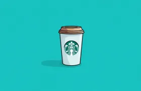 Starbucks paper coffee cup illustration with green siren logo on teal
