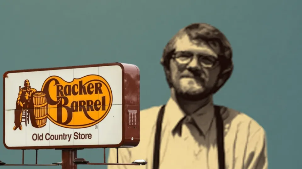 Cracker Barrel Old Country Store sign with stylized bearded man in suspenders
