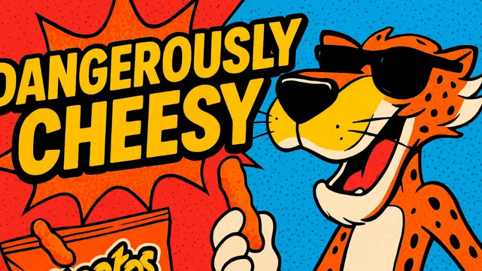 Chester Cheetah cartoon with Cheetos bag and Dangerously Cheesy slogan