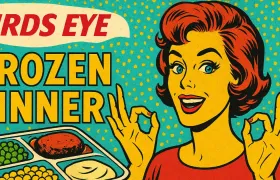 Retro pop-art Birds Eye Frozen Dinner ad with woman and compartment tray