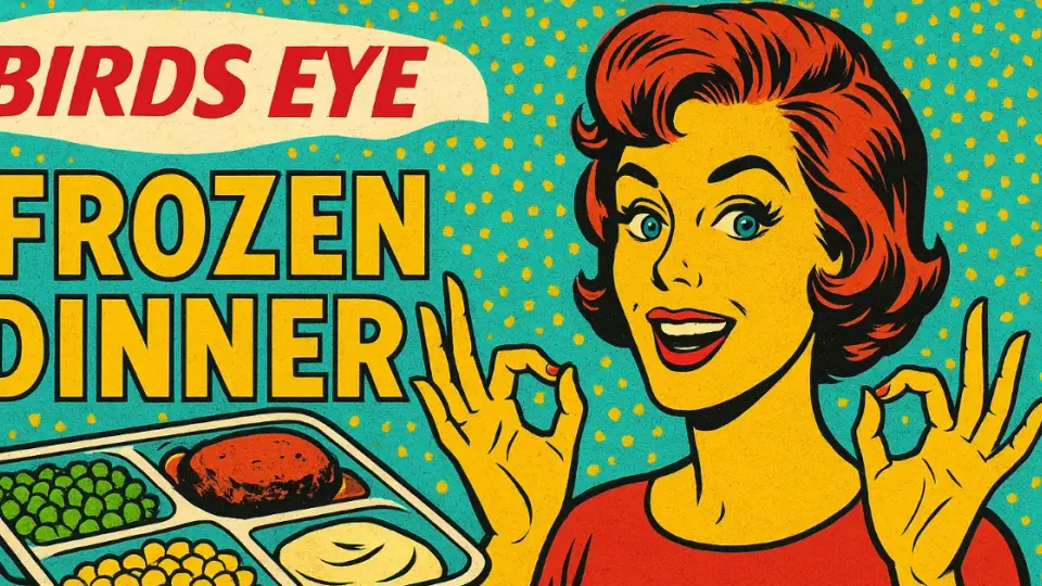 Retro pop-art Birds Eye Frozen Dinner ad with woman and compartment tray