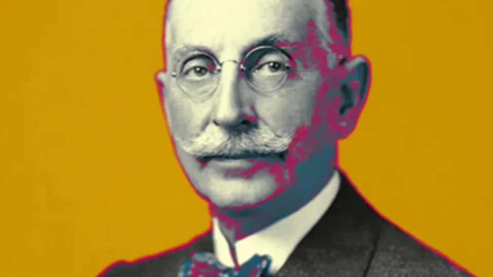 Pop-art portrait of Charles R. Walgreen Sr. in pince-nez glasses and bow tie