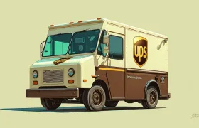 Illustrated brown-and-tan UPS delivery truck with gold shield logo