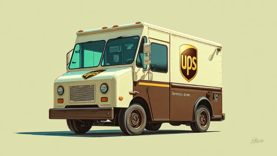 Illustrated brown-and-tan UPS delivery truck with gold shield logo