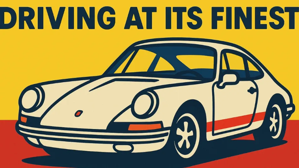 Illustrated cream Porsche 911 above the slogan Driving At Its Finest