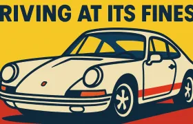 Illustrated cream Porsche 911 above the slogan Driving At Its Finest