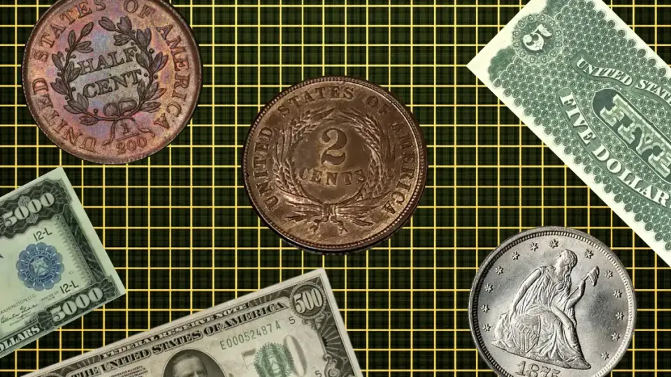 Obsolete U.S. coins and banknotes including half cent, $500 and $5,000 bills