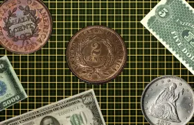 Obsolete U.S. coins and banknotes including half cent, $500 and $5,000 bills