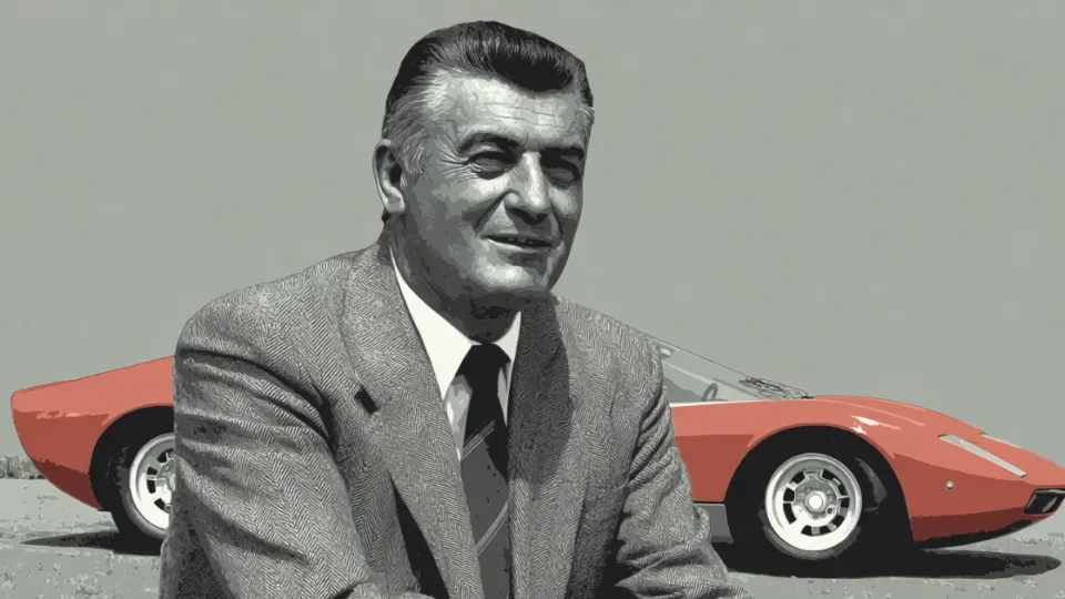 Ferruccio Lamborghini in a suit beside a red Lamborghini sports car