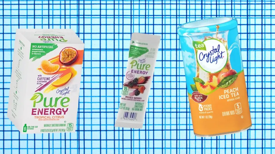 Crystal Light Pure Energy Tropical Citrus box, Mixed Berry stick and Peach Iced Tea canister
