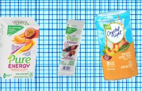 Crystal Light Pure Energy Tropical Citrus box, Mixed Berry stick and Peach Iced Tea canister