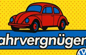 Pop art red Volkswagen Beetle above the word Fahrvergnügen and the VW logo