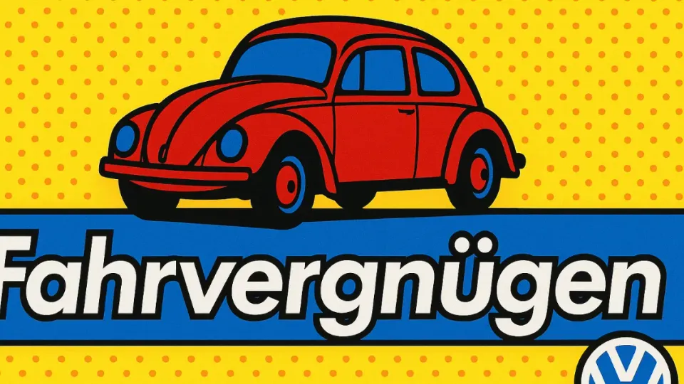 Pop art red Volkswagen Beetle above the word Fahrvergnügen and the VW logo