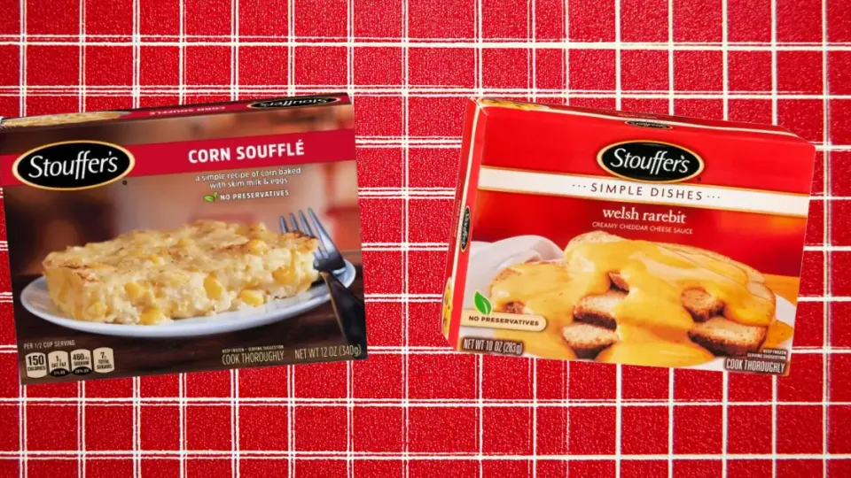 Stouffer’s Corn Soufflé and Welsh Rarebit frozen dinner boxes on red check