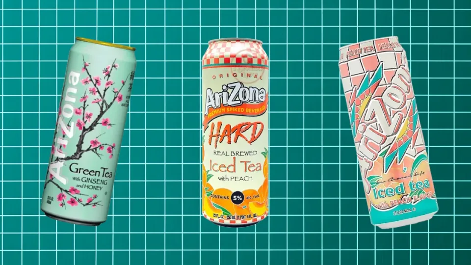 Three AriZona cans, green tea, hard peach and peach iced tea