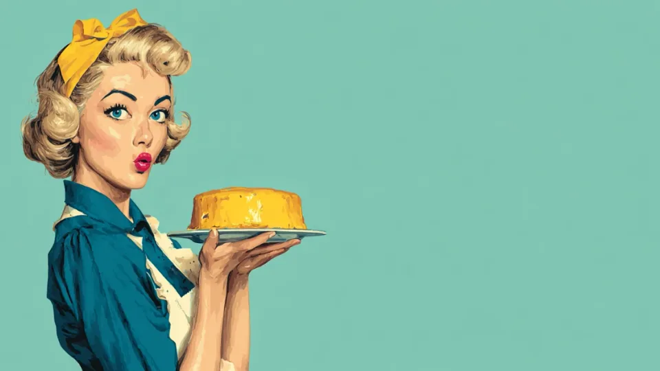 Retro illustration of a 1950s housewife holding a yellow frosted cake