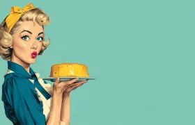 Retro illustration of a 1950s housewife holding a yellow frosted cake