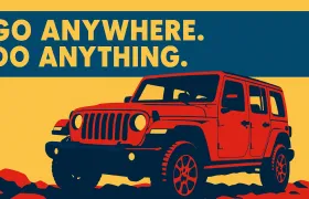 Red Jeep Wrangler illustration with Go Anywhere Do Anything slogan banner