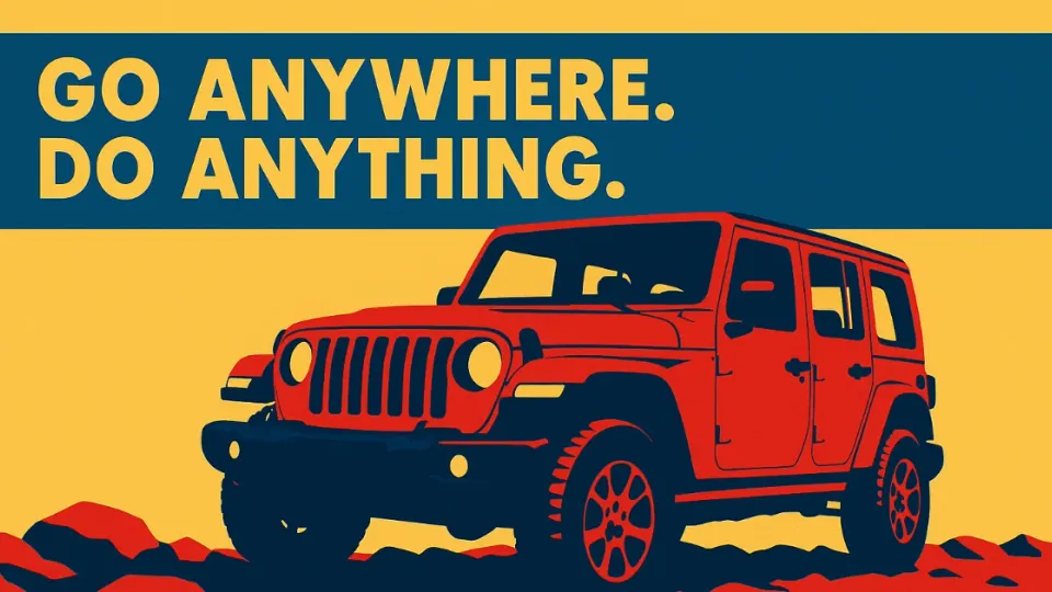 Red Jeep Wrangler illustration with Go Anywhere Do Anything slogan banner